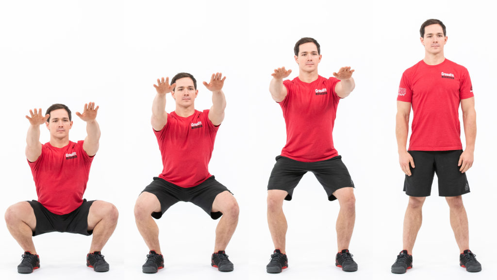 A frame-by-frame sequence showing excellent mechanics during performance of an air squat.