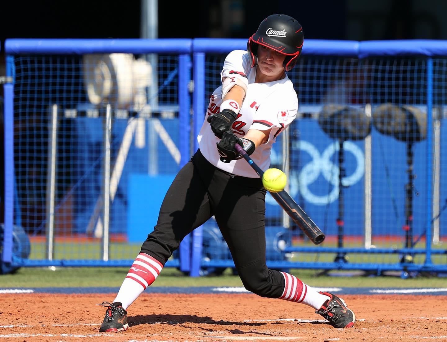 Canadian women's Olympic softball team member Kelsey Harshman at bat.