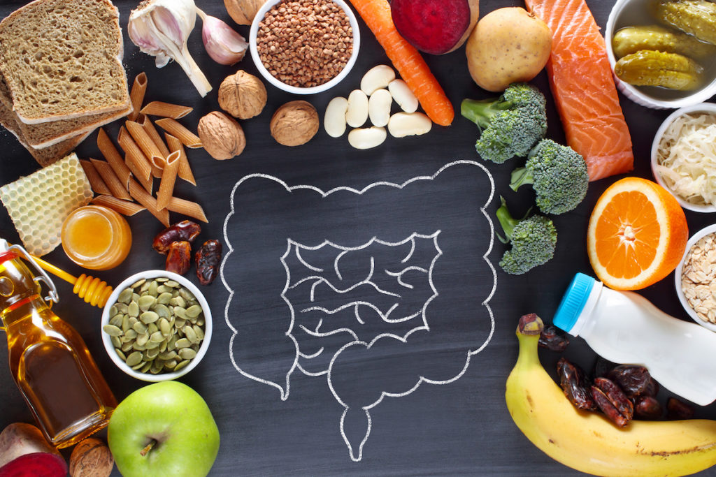 A chalk drawing of human intestines surrounded by a variety of foods.