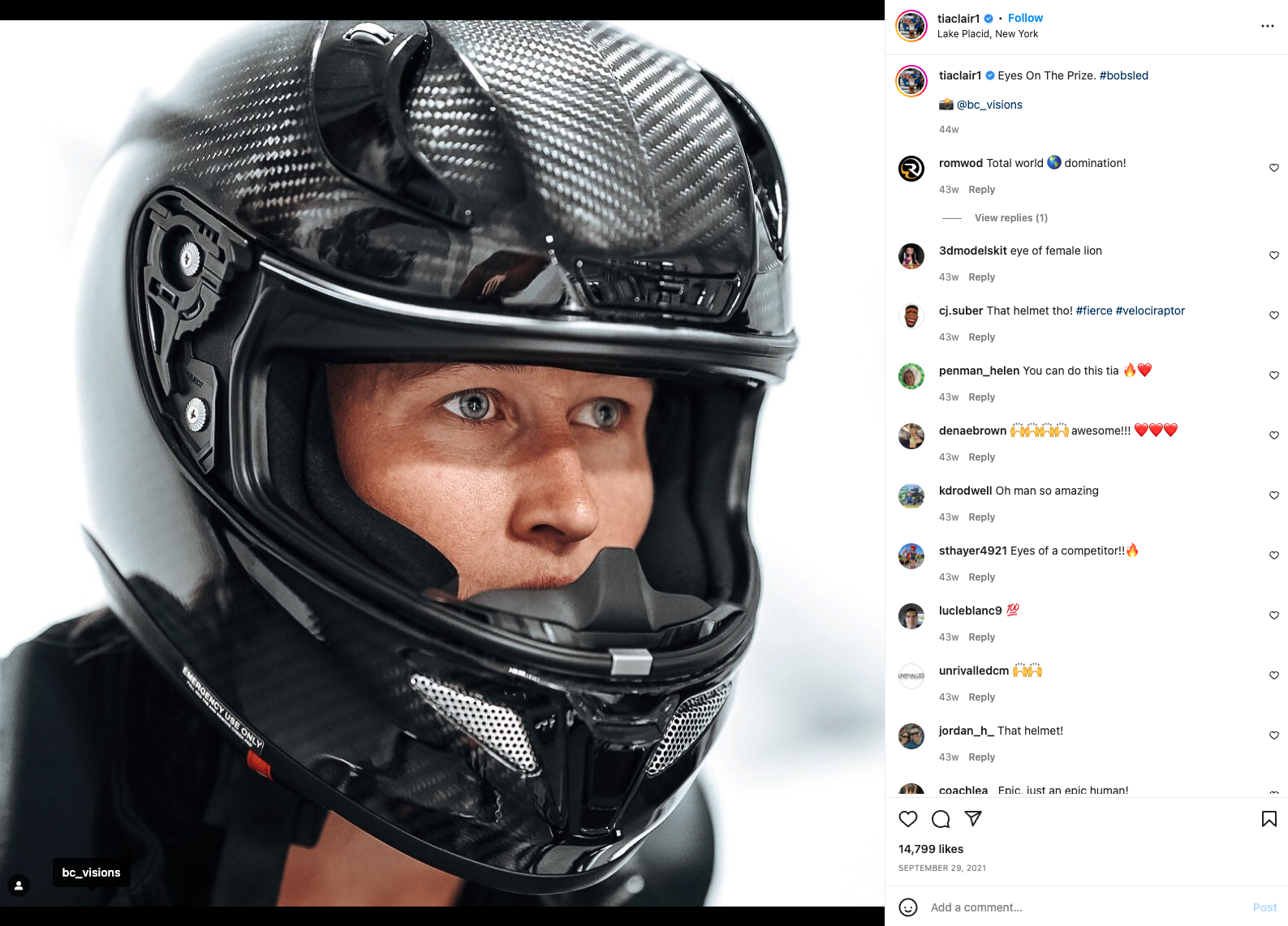 Tia-Clair Toomey wearing bobseld helmet, from Instagram