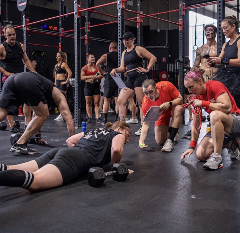 Athletes doing a burpee