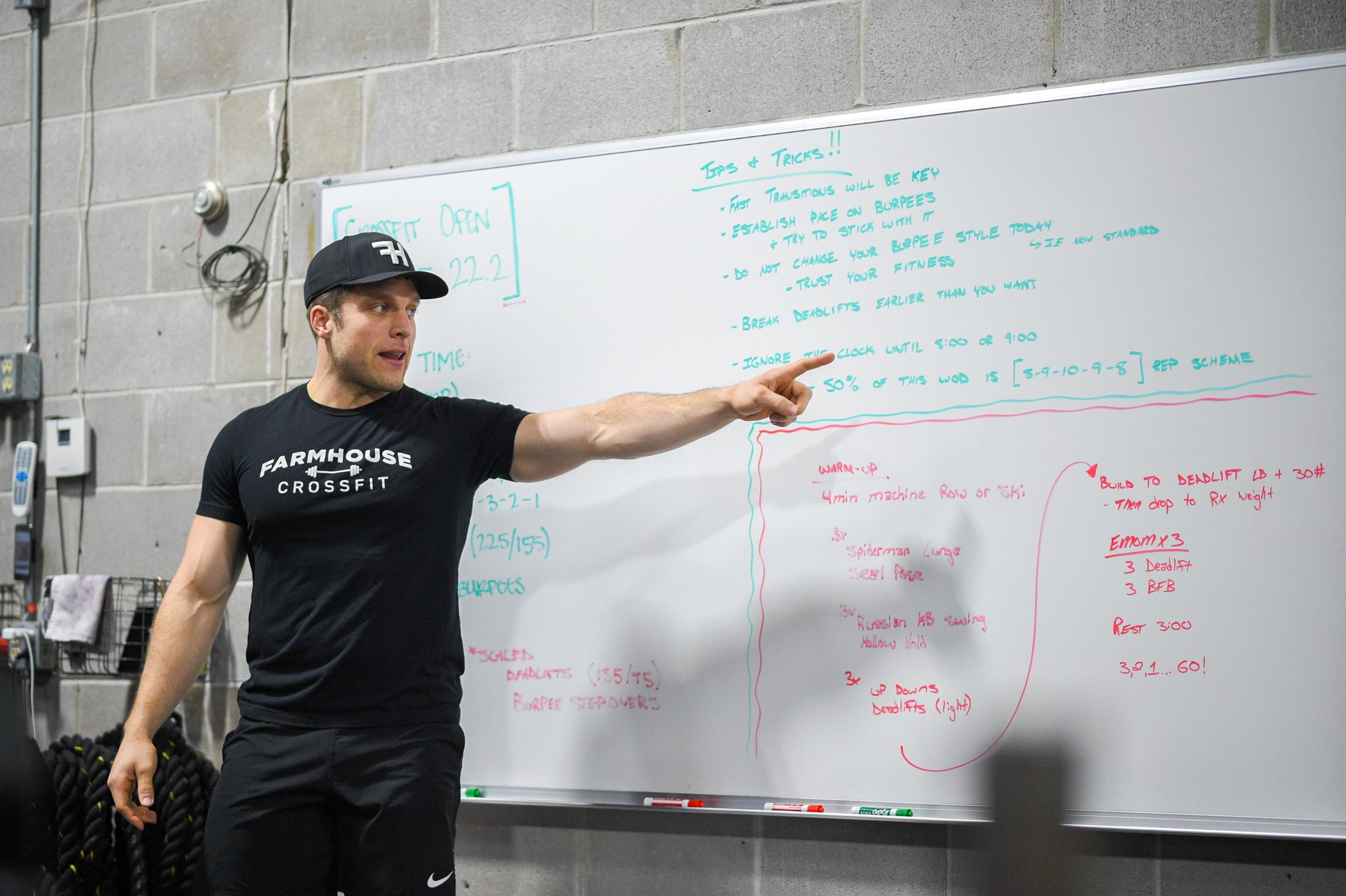 A coach points to the whiteboard.