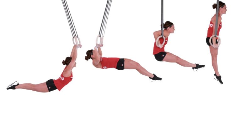 Athlete performing a kipping ring muscle-up