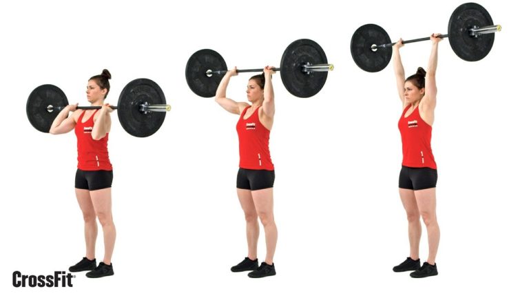 A CrossFit athlete demonstrates three steps of the shoulder press