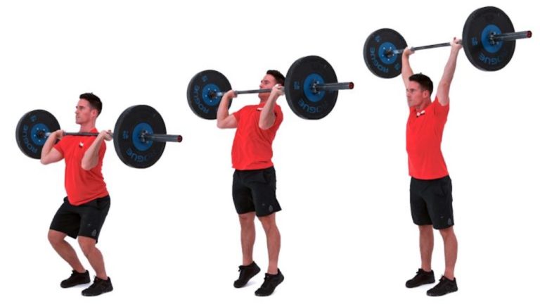 A CrossFit athlete demonstrates three positions of the push press