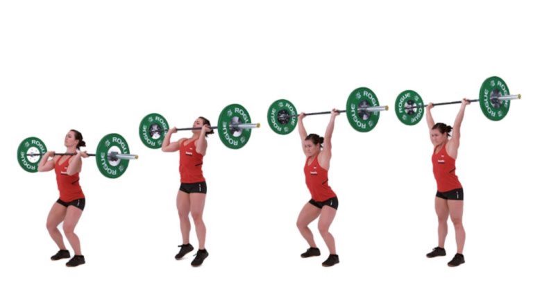 A CrossFit athlete demonstrates four positions of the push jerk