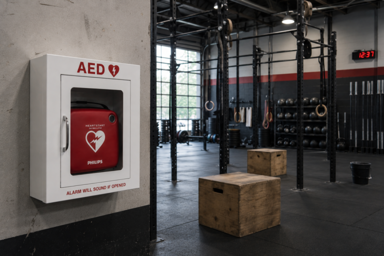 Image of an AED device at a CrossFit gym